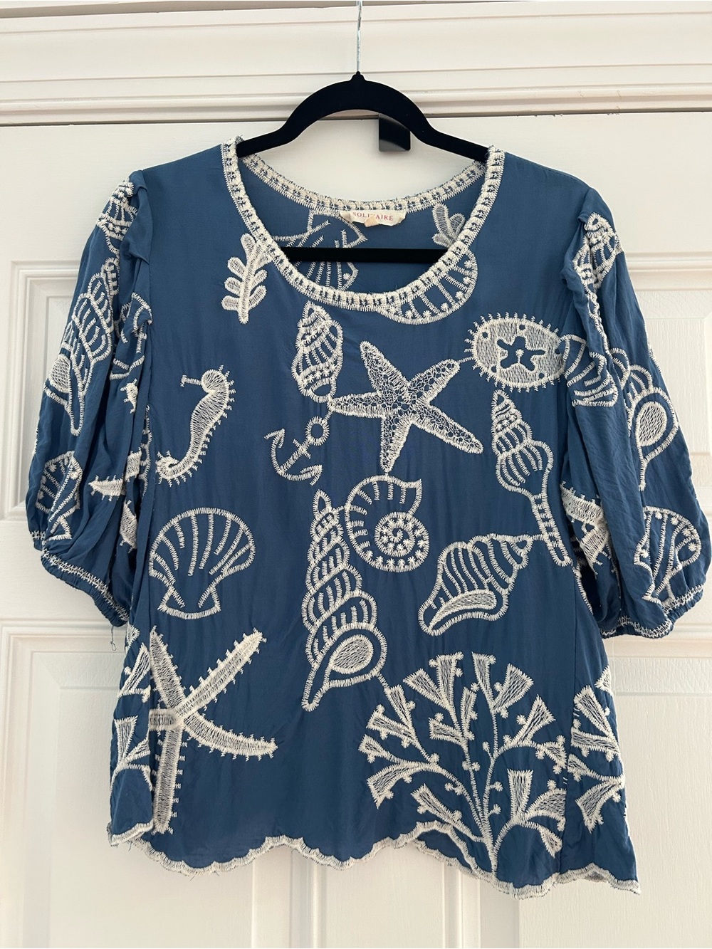 Solitaire Blue Embroidered Seashell Beach Top with White Accents